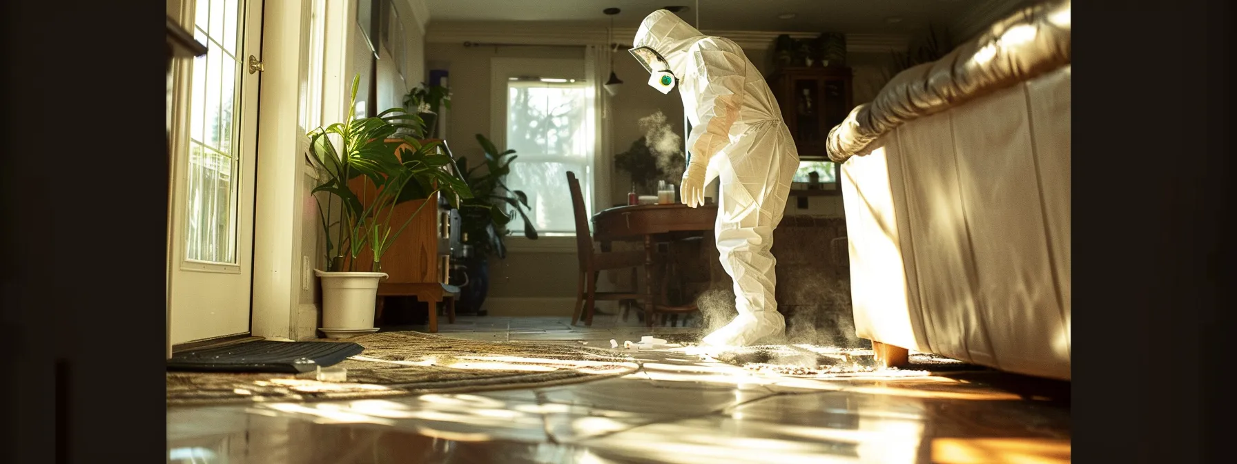 a skilled technician in a white hazmat suit meticulously inspecting every nook and cranny of a pristine, sunlit home for signs of termites or pests.