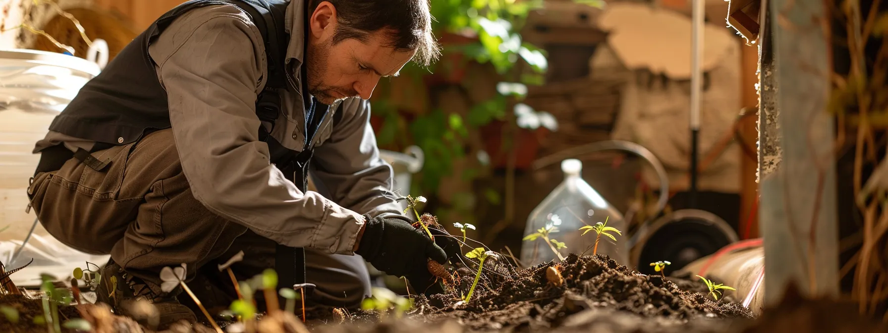 a professional pest control technician inspecting a paola home for termite infestations, surrounded by a variety of common pests in the area.